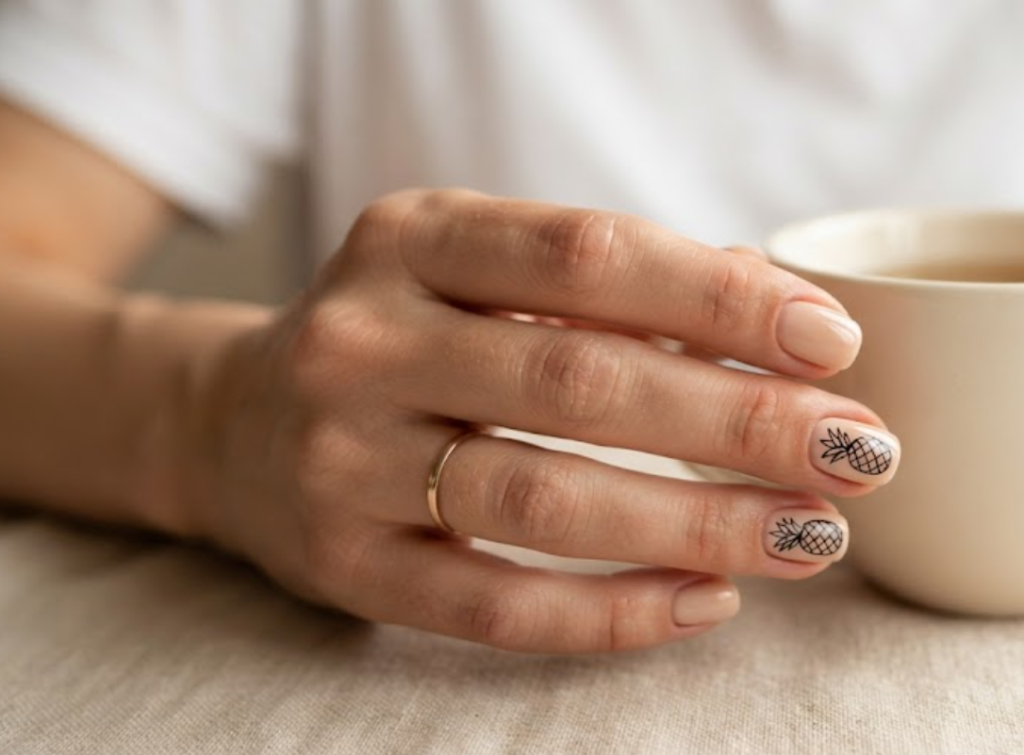 in this image, a hand in a white shirt shows nude nails with minimalist line art pineapple.