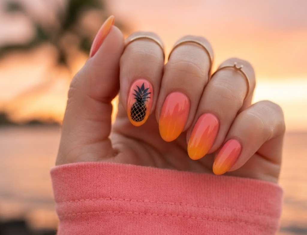 in this image, a hand in a pink shirt displays a sunset ombre with a black silhouette pineapple nail.