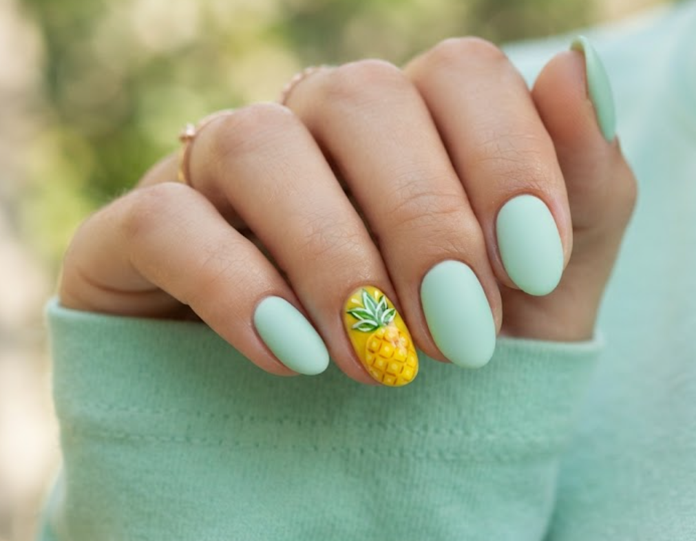 in this image, a hand in a mint shirt highlights matte mint green nails with a glossy pineapple accent.