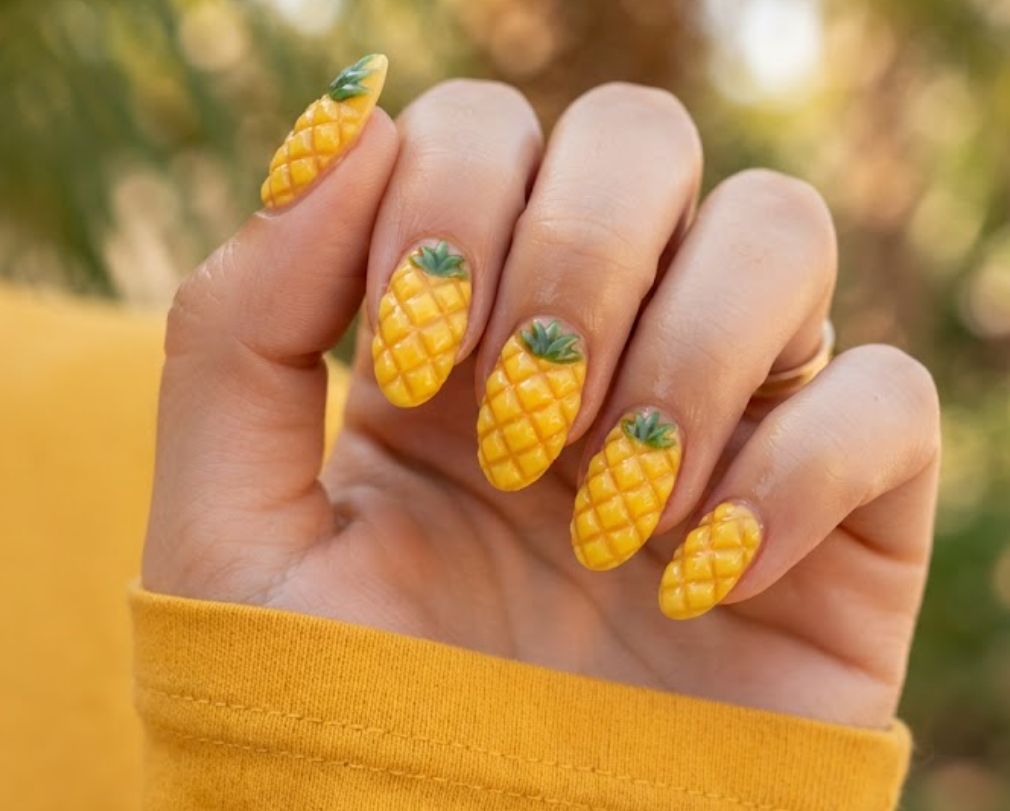 in this image, a hand in a yellow shirt displays 3D textured pineapple nails with raised diamonds.