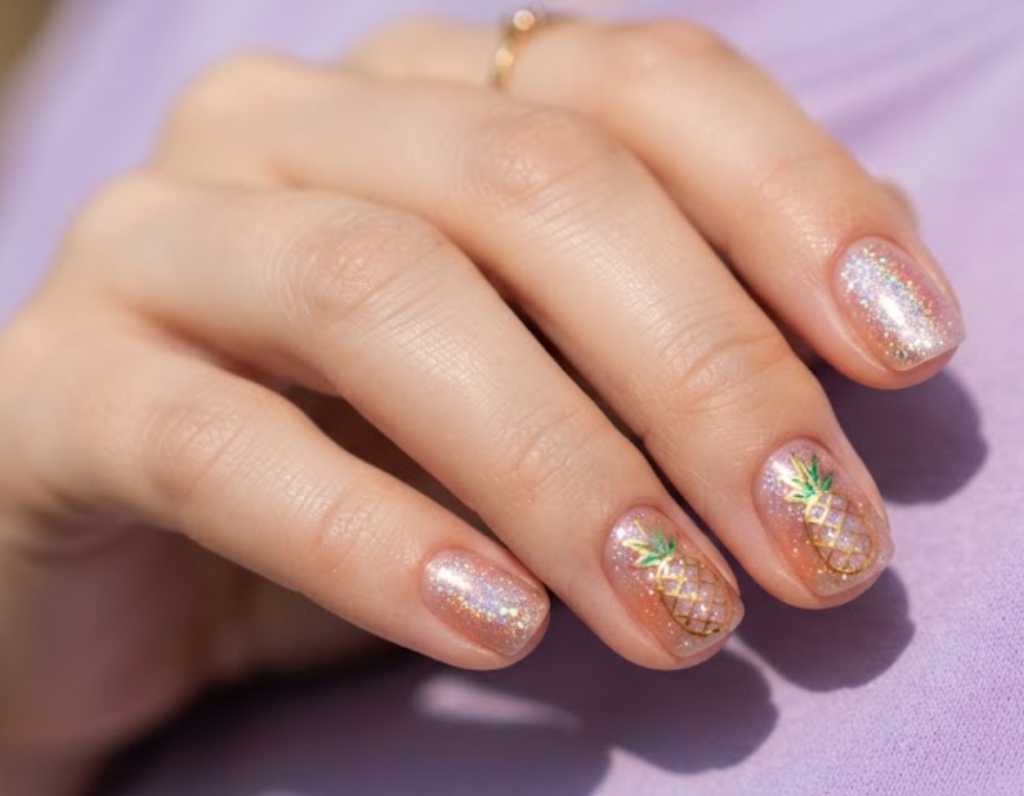in this image, a hand in a lavender shirt highlights holographic sparkle nails with a translucent pineapple.