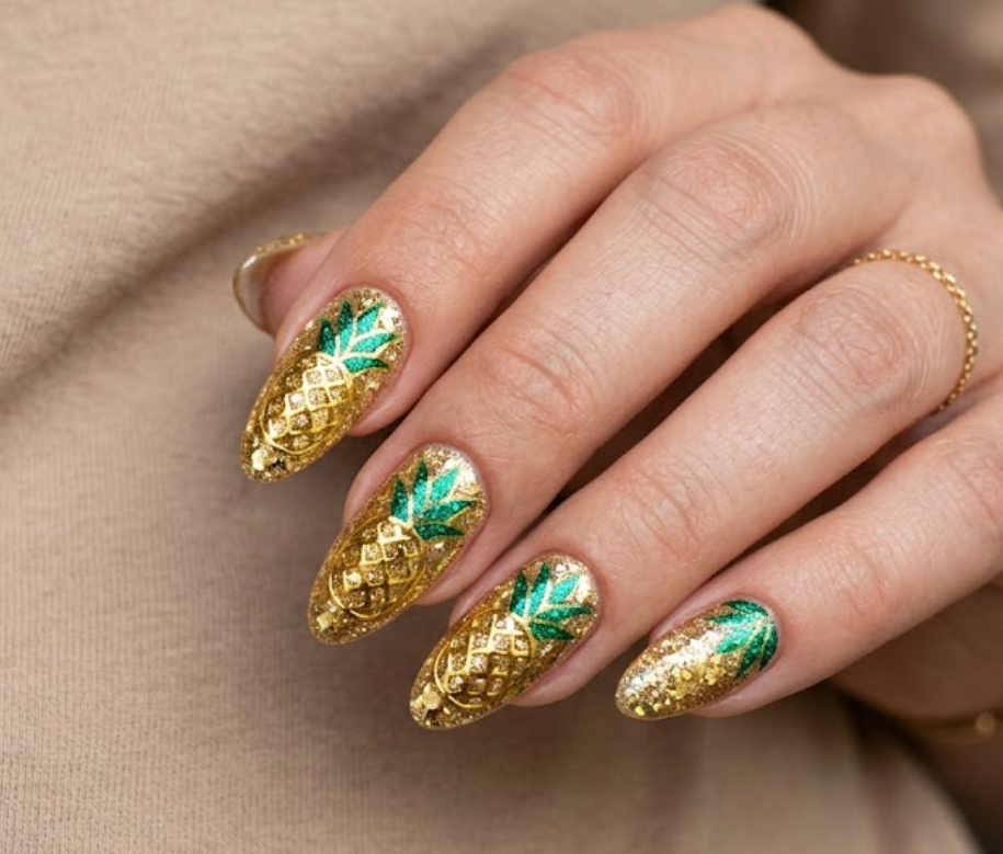 in this image, a hand in a beige shirt showcases gold foil pineapple nails with green shimmer leaves.