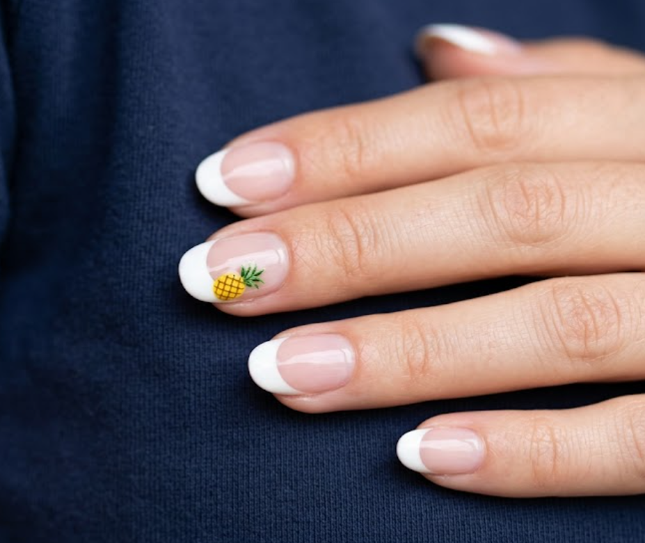 in this image, a hand in a navy shirt shows white French tips with a mini pineapple corner.