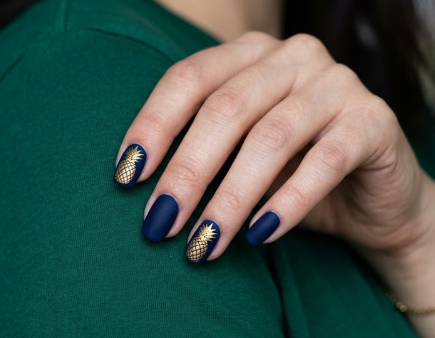 in this image, a hand in a green shirt highlights dark navy velvet matte nails with a gold pineapple.