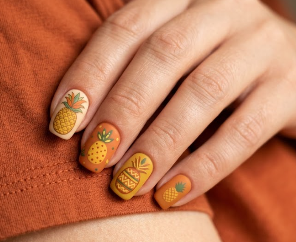 imagein this image, a hand in an orange shirt showcases retro sunshine orange and mustard pineapple nails.