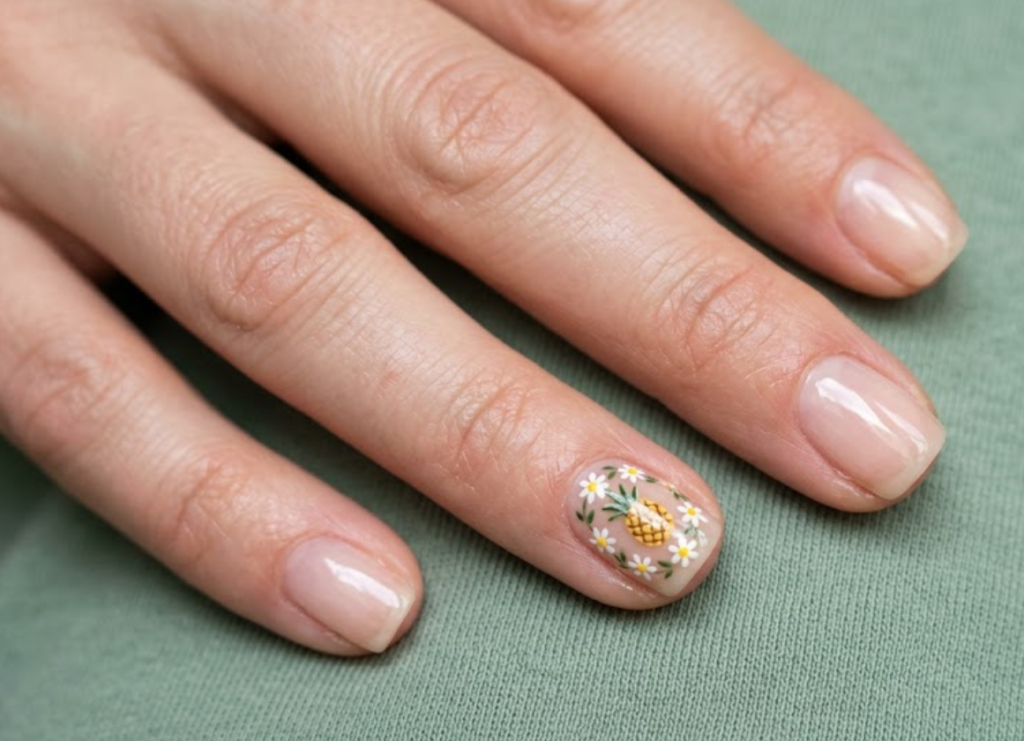 in this image, a hand in a sage shirt features a pineapple surrounded by tiny daisy wreaths.