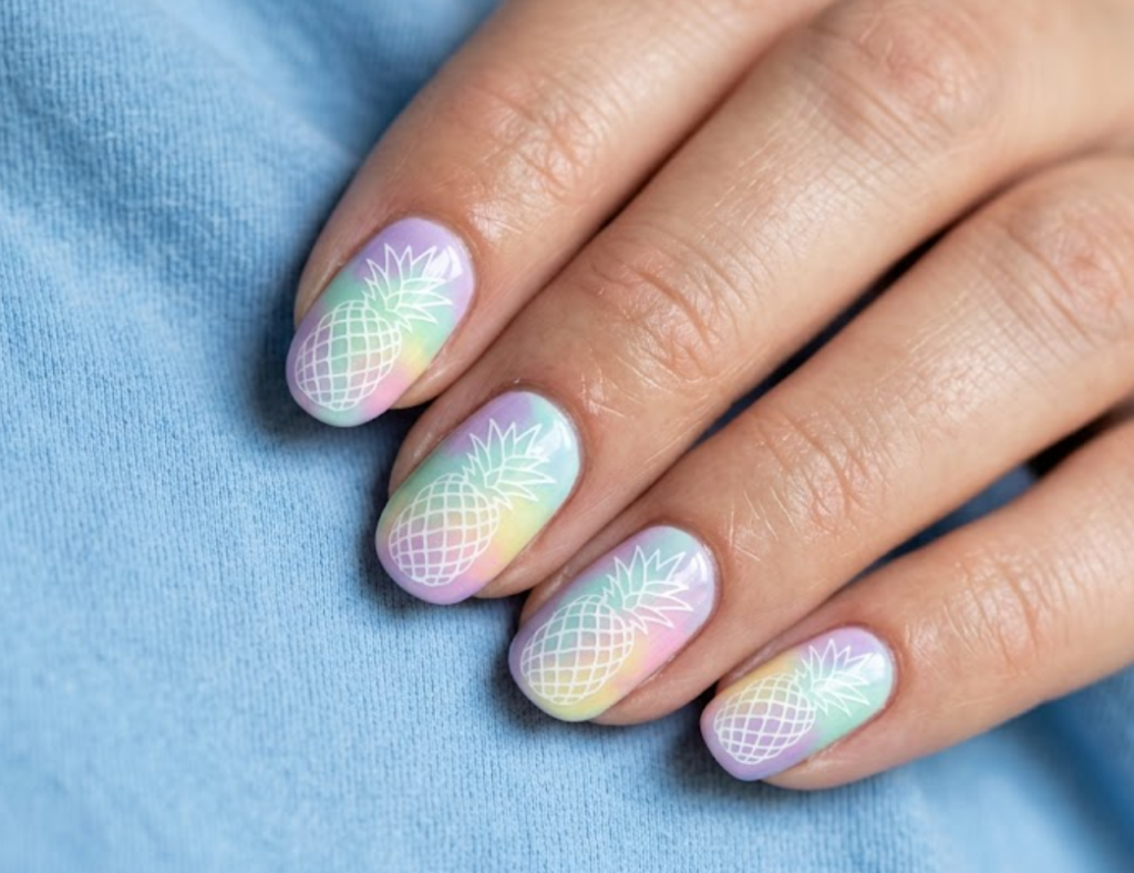 in this image, a hand in a baby blue shirt showcases pastel tie-dye nails with a white pineapple.