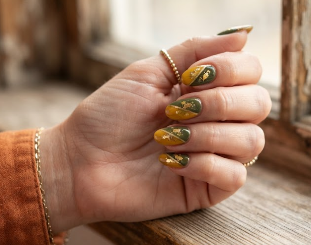 In this image, a woman's full hand highlights olive and mustard split nails with gold borders and foil flakes, wearing a rust shirt.