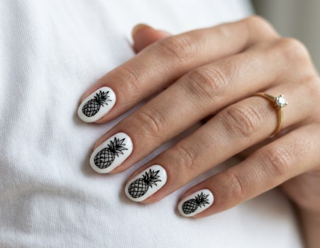 imin this image, a hand in a white shirt features a chic monochrome black and white pineapple sketch.