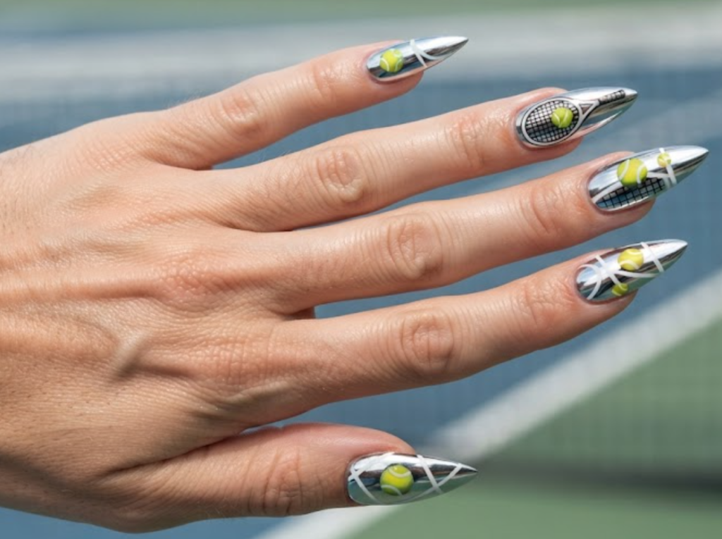 In this image, chrome tennis ball nails with yellow-green tennis balls and racket details.