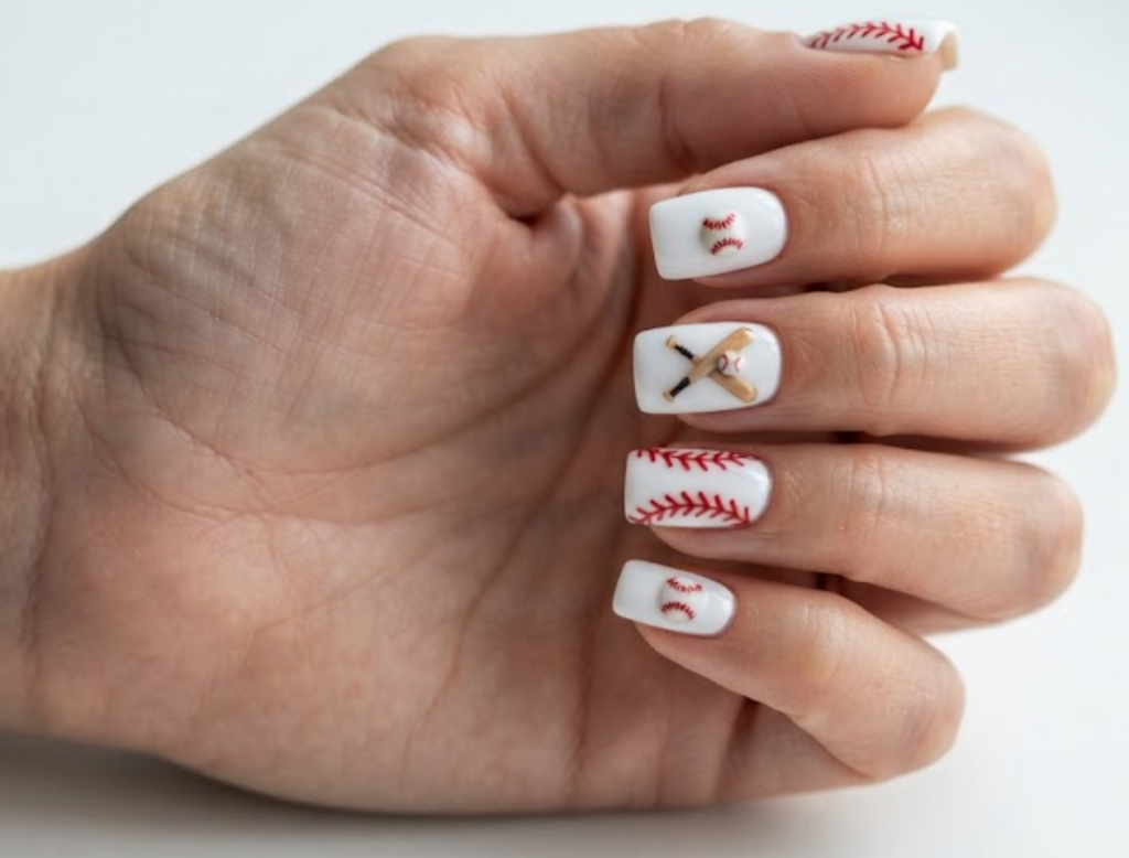 In this image, white baseball nails with red stitching, baseballs, and bat details.