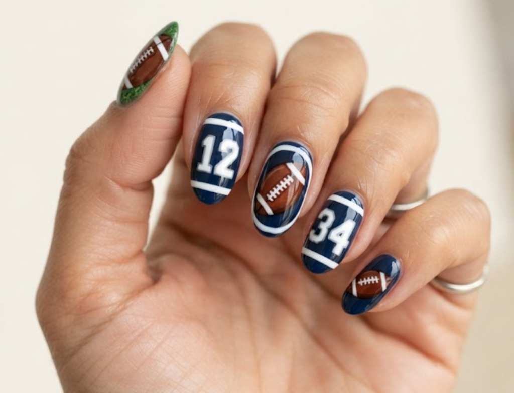 In this image, football nails with brown footballs, jersey numbers, and athletic stripes.