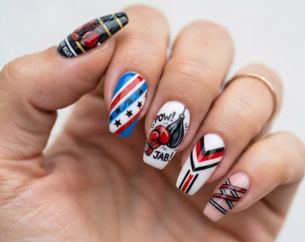 In this image, boxing nails with red boxing gloves, ring ropes, and sporty patterns.