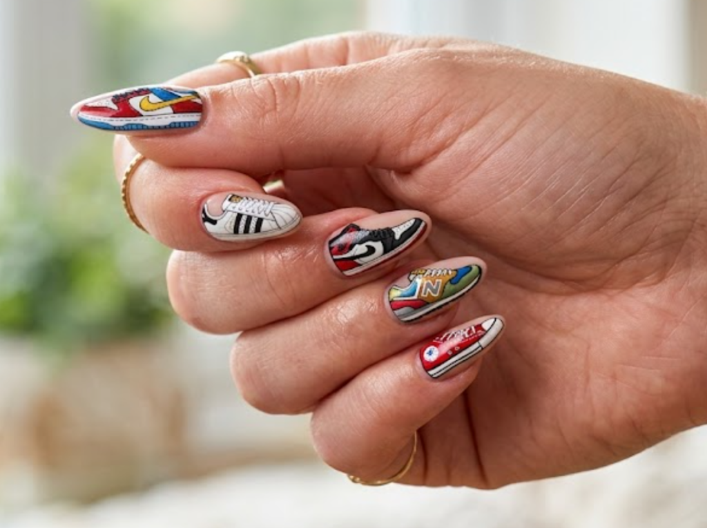 In this image, golf nails with white golf balls, golf clubs, green grass, and golf flags.