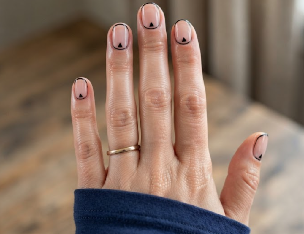 In this image, a woman's full hand displays clear glossy nails with thin black outlines and corner triangles, wearing a navy shirt.