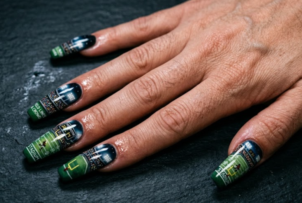 In this image, stadium nails featuring bright stadium lights, field lines, and a night-sky background.