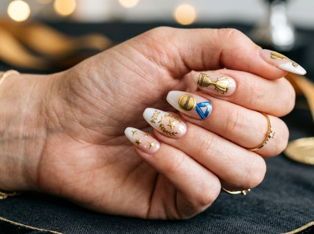 In this image, championship nails featuring gold trophies, sports medals, stars, and winning details.e