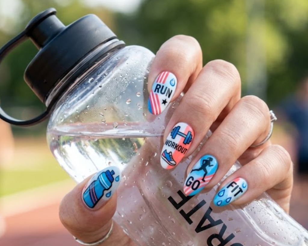 In this image, sports water bottle nails with water droplets, athletic stripes, and fitness details.