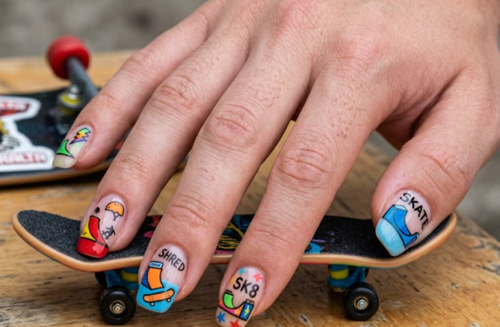 In this image, skateboard nails featuring colourful skateboards, wheels, ramps, and street-sport patterns.