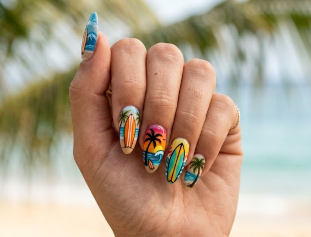 In this image, surfing nails featuring surfboards, ocean waves, palm trees, and beach details.