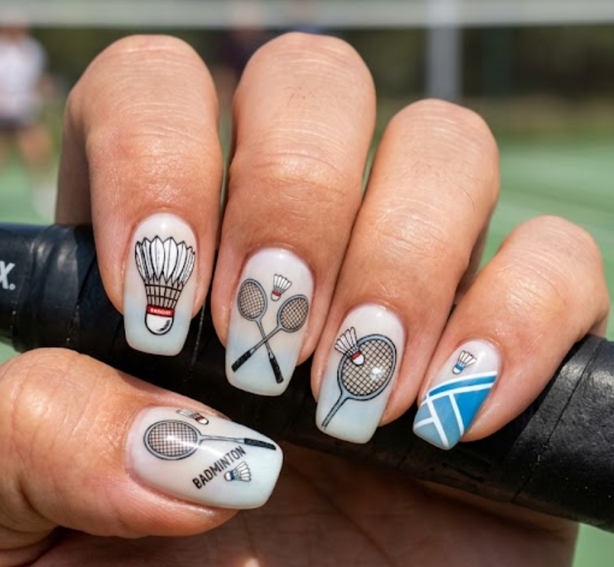In this image, badminton nails featuring white shuttlecocks, badminton rackets, strings, and court lines.