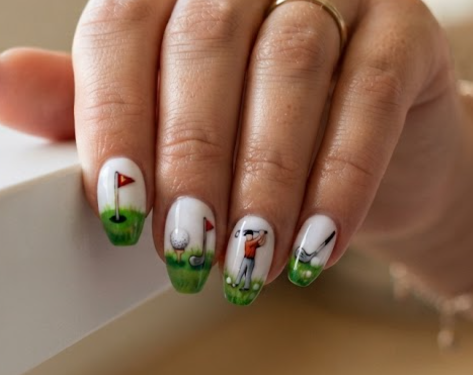 Golf Ball and Green Course Nail Design