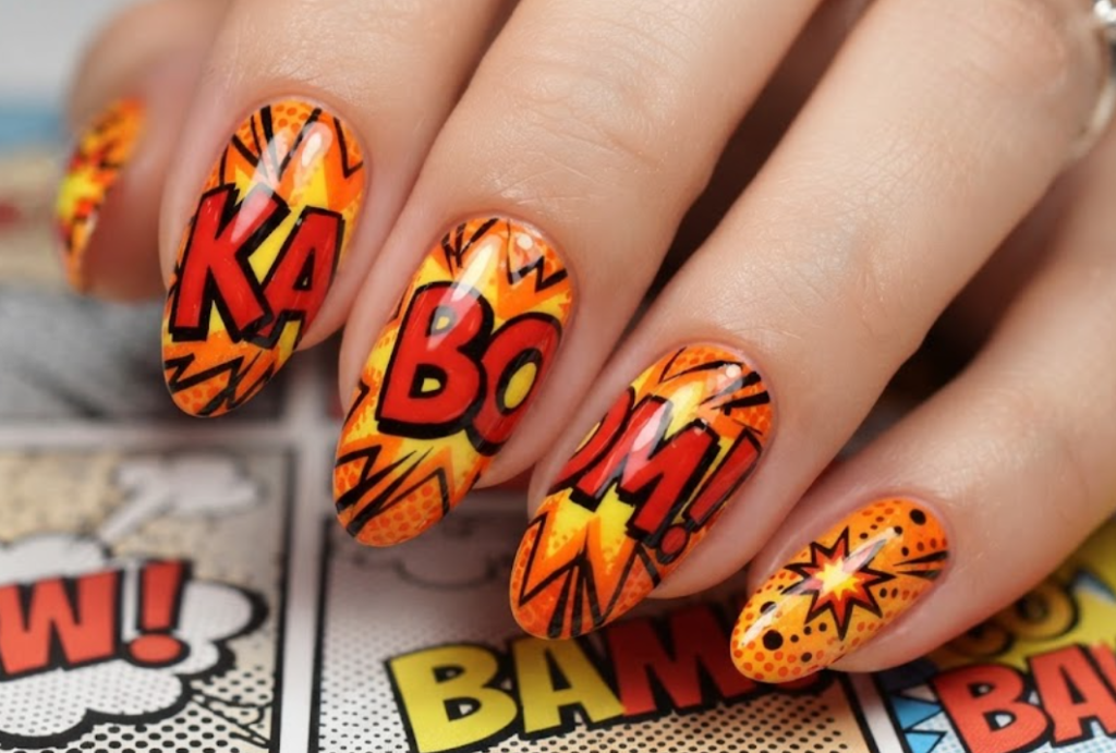 In this image, red and orange comic nails feature KABOOM lettering and fiery explosion details.