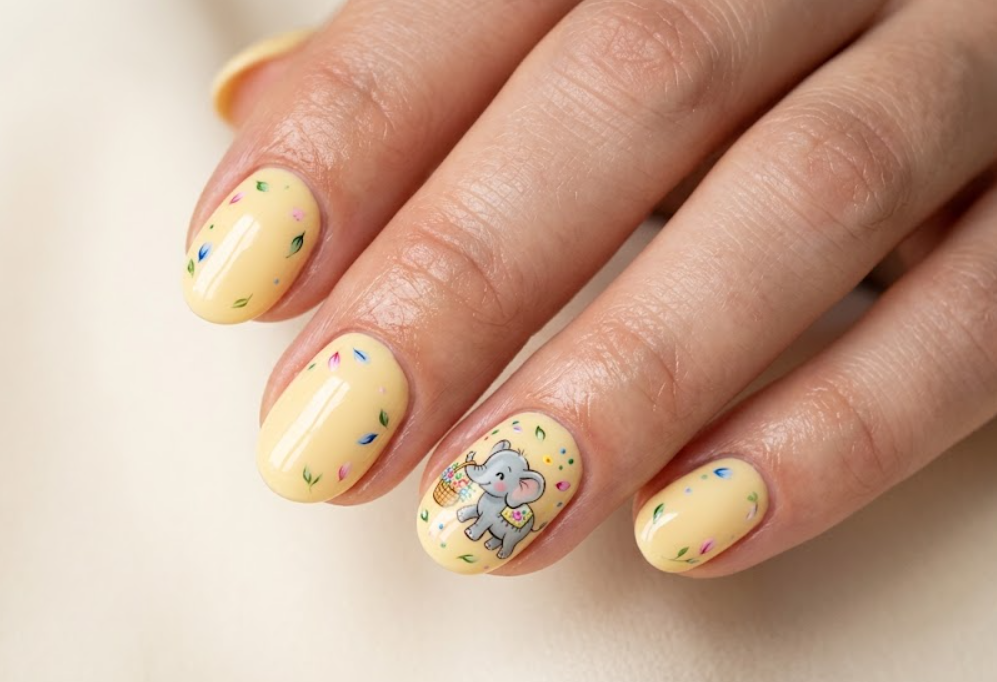 Alt text: In this image, a cartoon elephant carries a flower basket on butter-yellow nails.