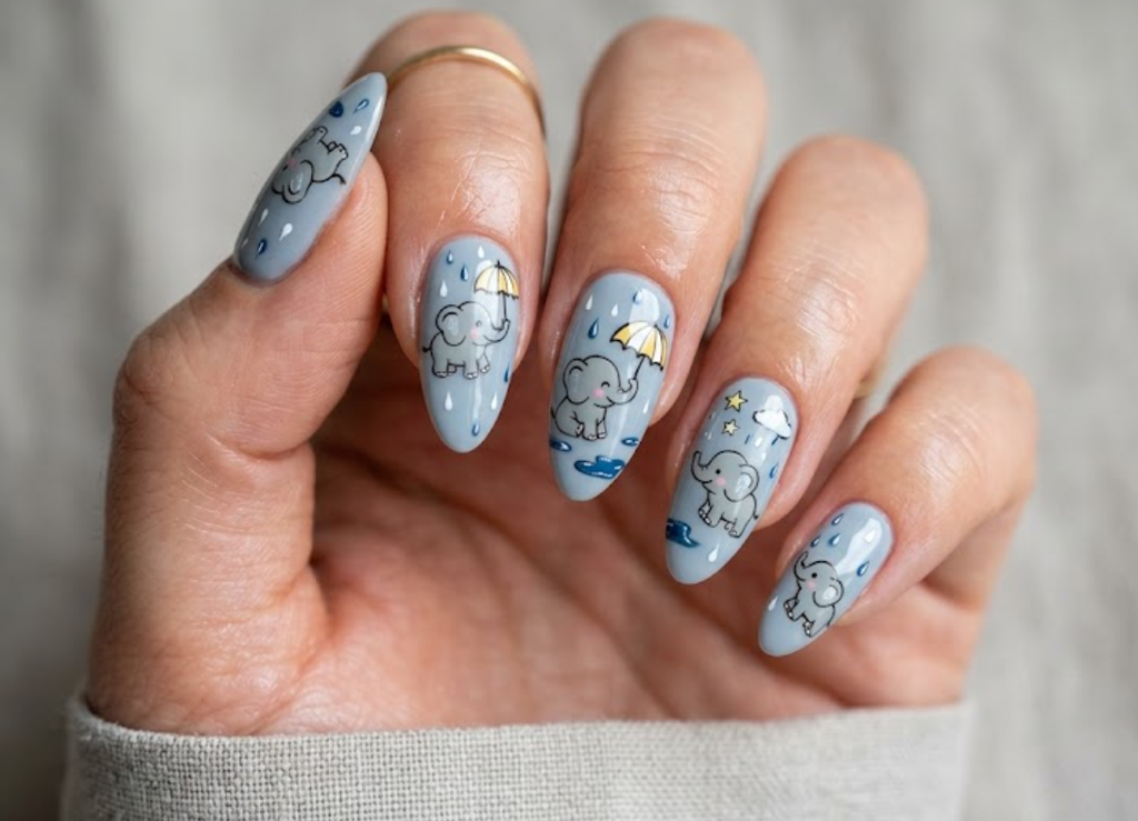Alt text: In this image, a cartoon elephant holds a tiny umbrella on blue-gray nails.