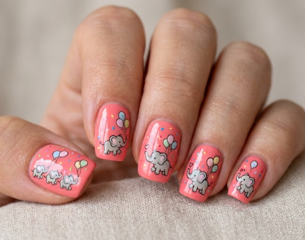 Alt text: In this image, cartoon elephants join a colorful balloon parade on coral-pink nails.