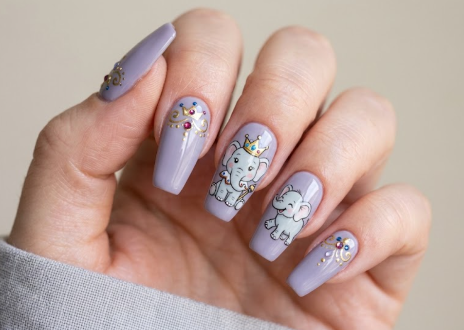 Alt text: In this image, a crowned cartoon elephant appears on muted lavender nails.