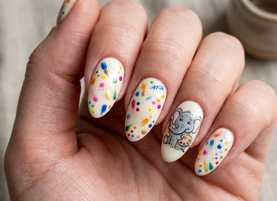 Alt text: In this image, a cartoon elephant holds a paint palette on creamy white nails.
