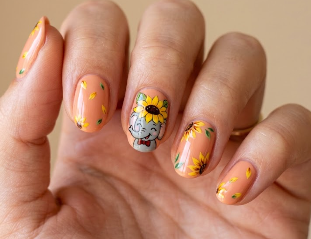 Alt text: In this image, a cartoon elephant wears a sunflower hat on peach nails.