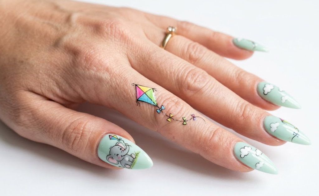 Alt text: In this image, a cartoon elephant flies a colorful kite on pale mint nails.