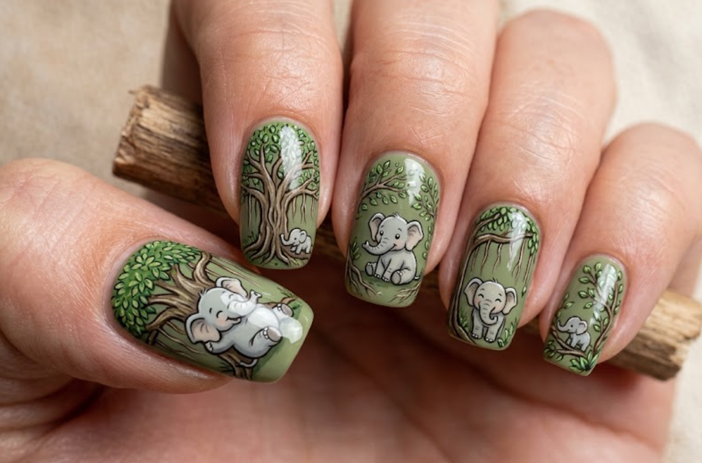 Alt text: In this image, a cartoon elephant wears yellow rain boots on aqua nails.