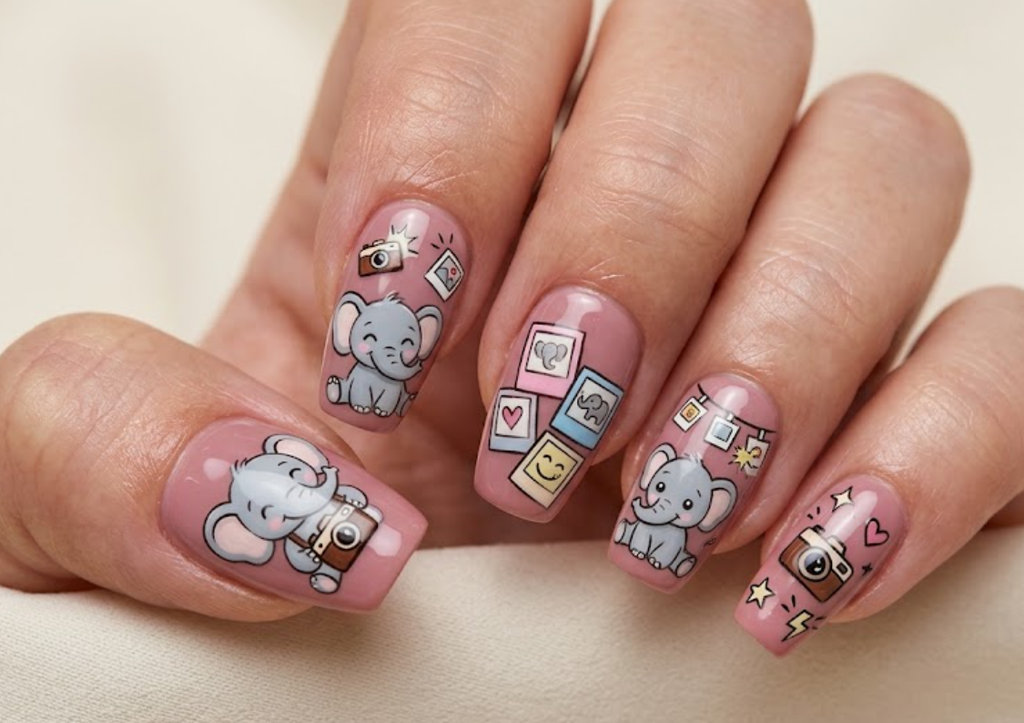 Alt text: In this image, a cartoon elephant holds a camera on dusty rose nails.