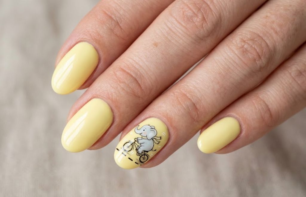Alt text: In this image, a cartoon elephant rides a bicycle on pale yellow nails.