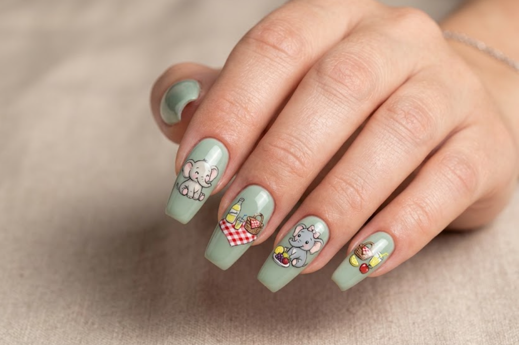 Alt text: In this image, a cartoon elephant enjoys a tiny picnic on sage-green nails.