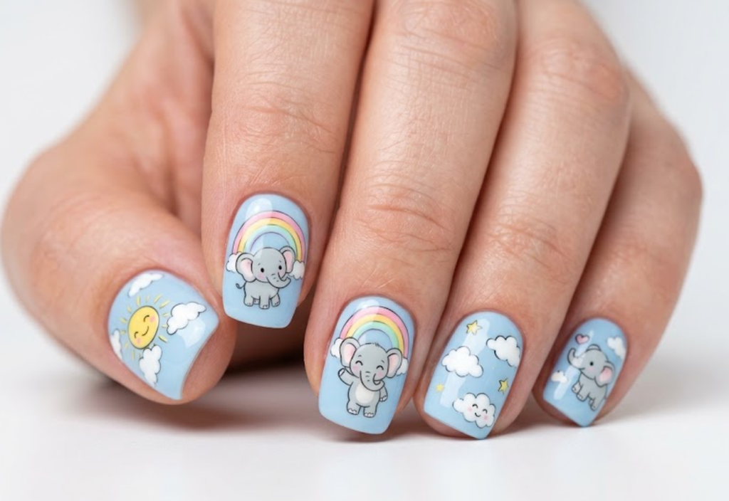 Alt text: In this image, a cartoon elephant stands beneath a pastel rainbow on sky-blue nails.