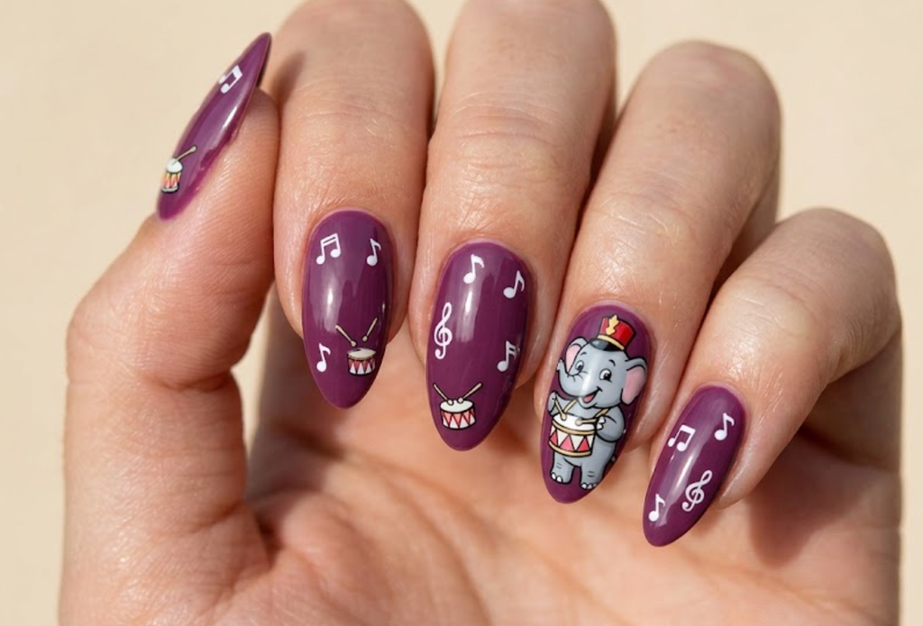 Alt text: In this image, a cartoon elephant plays a drum on plum-colored nails.