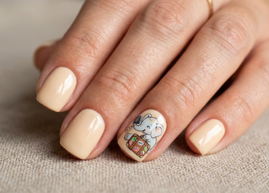 imageAlt text: In this image, a cartoon elephant carries a travel suitcase on cream nails.