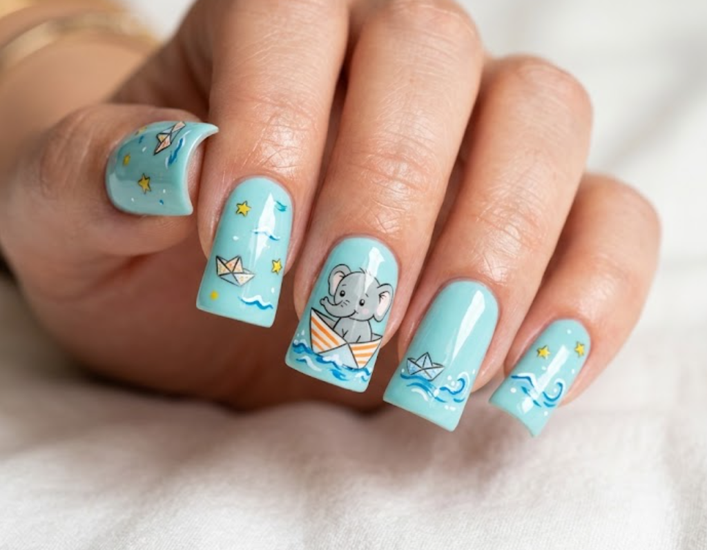 Alt text: In this image, a cartoon elephant sits inside a paper boat on turquoise nails.