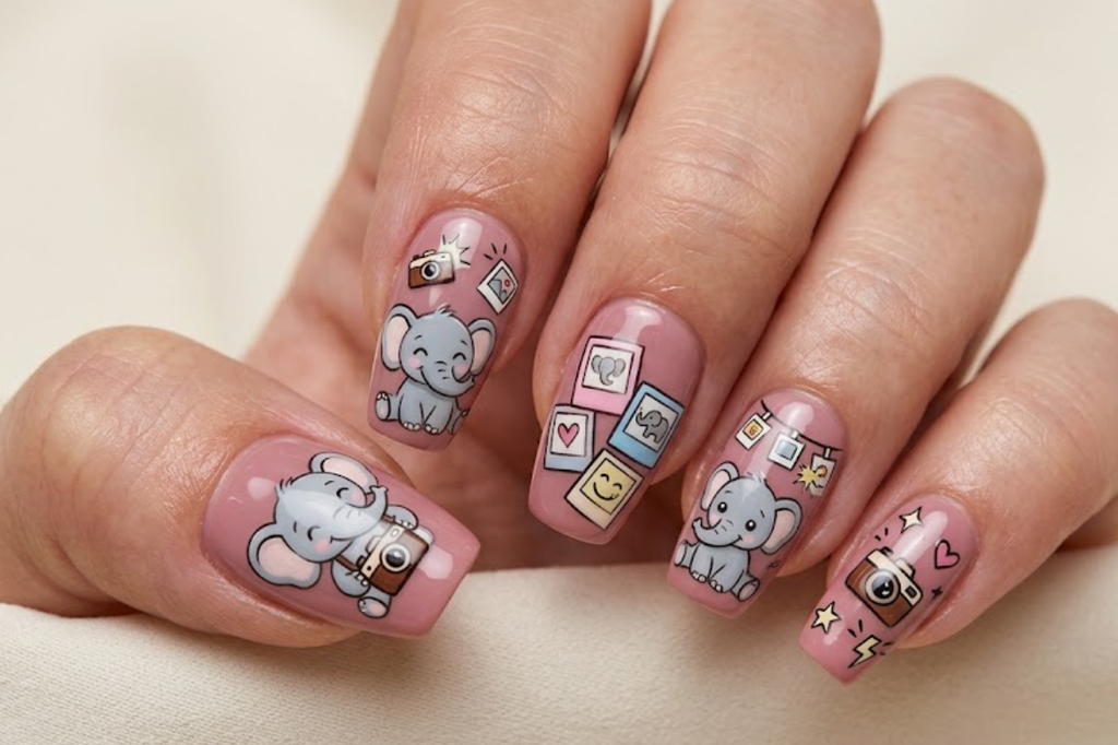 Alt text: In this image, different cartoon elephant stickers decorate a colorful pastel nail collage.