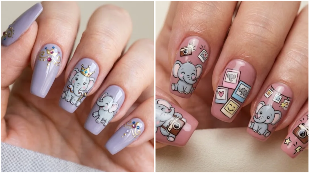 19 Creative Elephant Nail Art with Fresh Colors and Whimsical Details